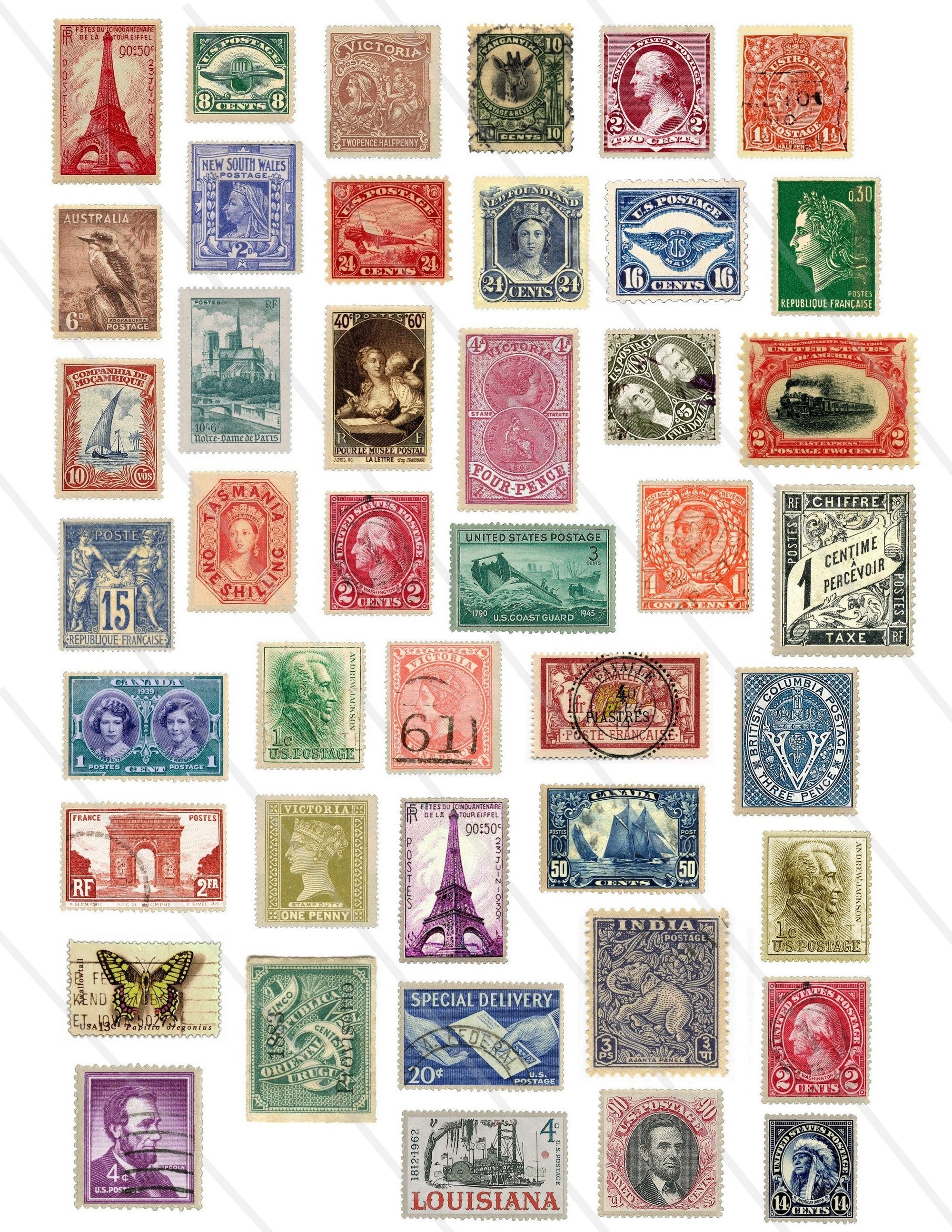 Vintage Postal Stamps From 60's & 70's Ephemera Digital Printable Collage  Sheets, Retro State, Olympic, and Moon Stamps 