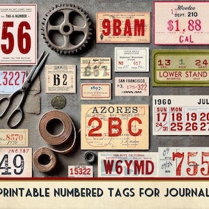 Printable Vintage Number Tags - Junk Journal Ephemera - Scrapbooking Labels - Grunge Numbered labels - Digital Download