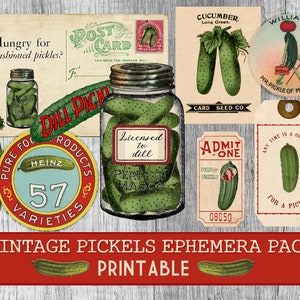 Vintage Pickles Ephemera | Retro Pickle Clipart | Junk Journal & Kitchen Decor Printables, Allegradigital