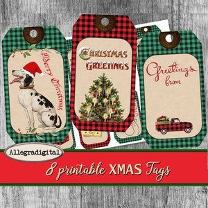 Retro Christmas gift Tags printable hang tags journaling journal Buffalo christmas rustic christmas digital collage sheet