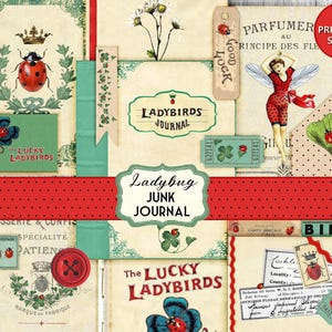 Kit stampabile Vintage Ladybug Junk Journal – 19 carte digitali per scrapbooking e artigianato fai da te