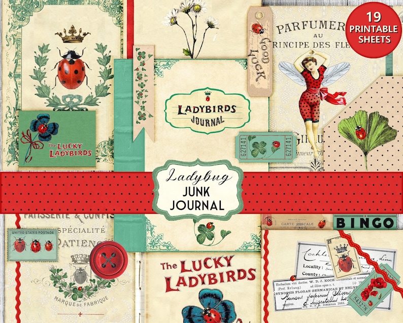 Vintage Ladybug Junk Journal Printable Kit – 19 Digital Collage Sheets ...