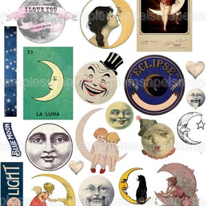 Vintage Moon Clip Art Digital Collage Sheet, Printable Moon Ephemera, PNG and JPEG Files, Instant Download