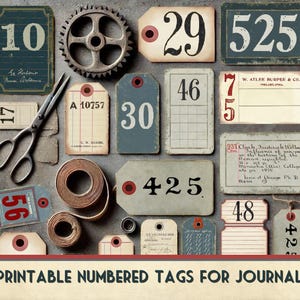 Printable Vintage Numbered Tags, Junk Journal Ephemera, Scrapbooking Labels, Grunge Number Tags Digital Download