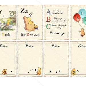 Op de afbeelding: Vintage alfabetkaarten met Winnie de Poeh met de letters Y, Z, A, B en C. De kaarten hebben een verweerde achtergrond en zijn perfect om jonge kinderen te leren.