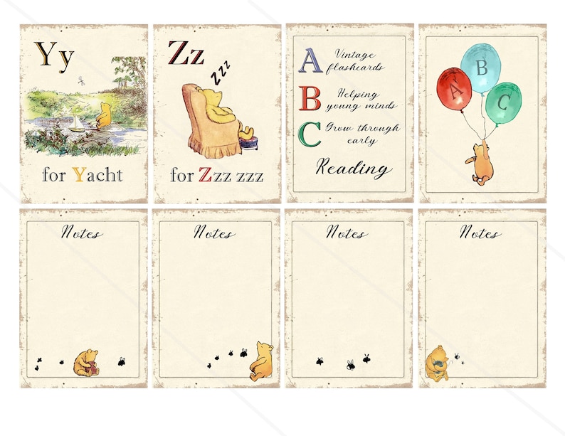 Op de afbeelding: Vintage alfabetkaarten met Winnie de Poeh met de letters Y, Z, A, B en C. De kaarten hebben een verweerde achtergrond en zijn perfect om jonge kinderen te leren.