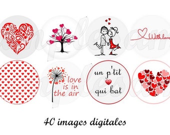 Digital collage sheet Valentine one inch circle, digital images heart red grey poetic  -  bottlecap,scrapbooking, instant download