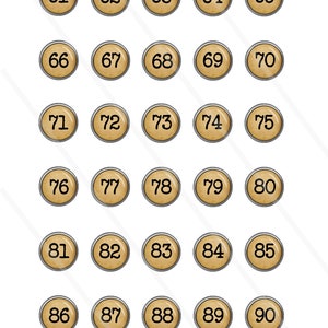 May include: A set of 30 round, beige buttons with silver rims. Each button has a black number printed on it, ranging from 61 to 90.