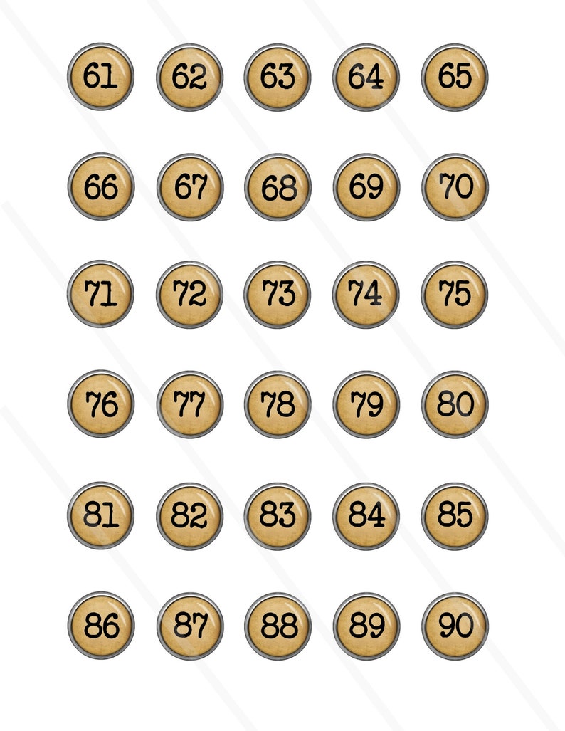 May include: A set of 30 round, beige buttons with silver rims. Each button has a black number printed on it, ranging from 61 to 90.
