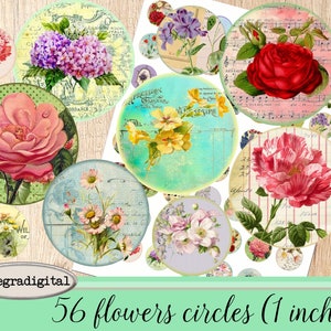images digitales cabochon fleur vintage rétro, images cabochon 25 mm images bijoux  collage digital, images à imprimer