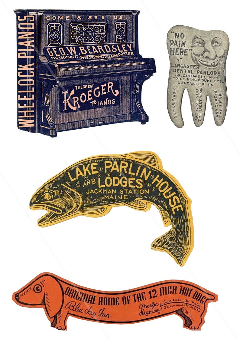 K&ouml;nnte beinhalten: Vier Vintage-Anzeigen. Die Anzeige oben links ist f&uuml;r Wheelock-Klaviere und zeigt ein schwarzes Klavier mit goldenen Akzenten. Die Anzeige oben rechts ist f&uuml;r Lancaster Dental Parlors und zeigt einen Cartoon-Zahn mit einem l&auml;chelnden Gesicht. Die Anzeige unten links ist f&uuml;r das Lake Parlin House and Lodges in Jackman Station, Maine, und zeigt eine gelbe und schwarze Fischillustration. Die Anzeige unten rechts ist f&uuml;r das Blue Jay Inn, die urspr&uuml;ngliche Heimat des 12-Zoll-Hotdogs, und zeigt einen Cartoon-Dackel.