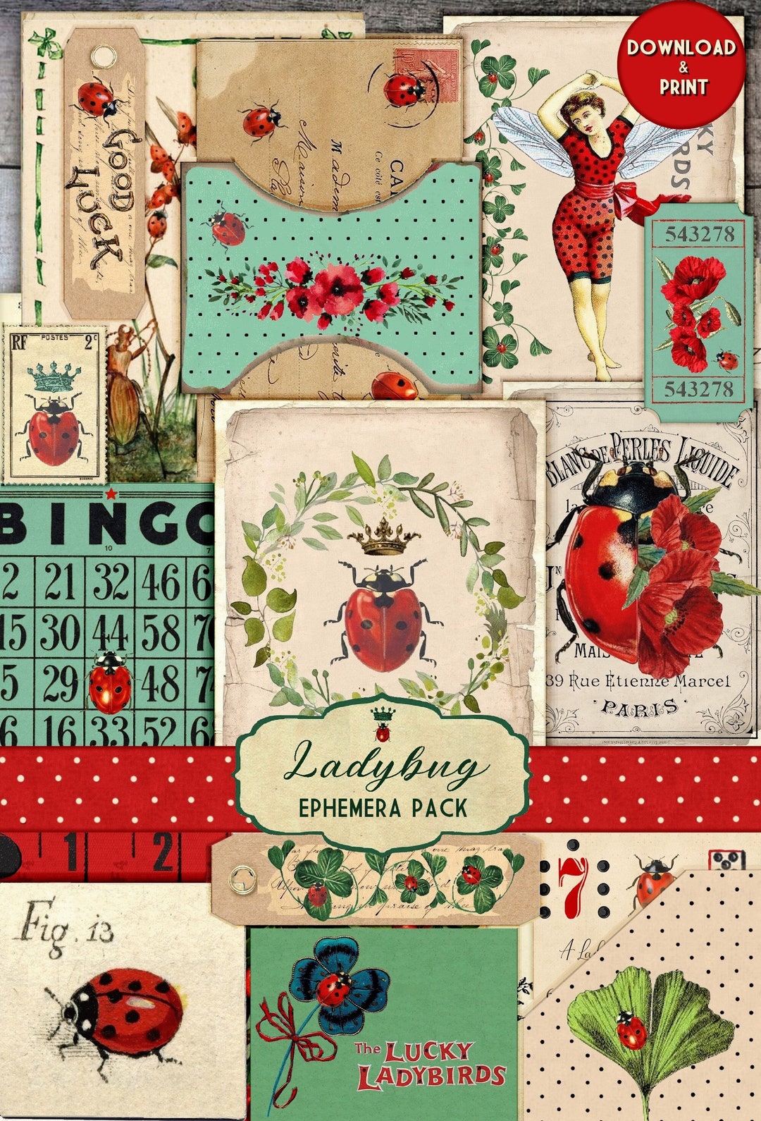 Vintage Ladybug Junk Journal Ephemera Pack – Printable Summer Garden ...