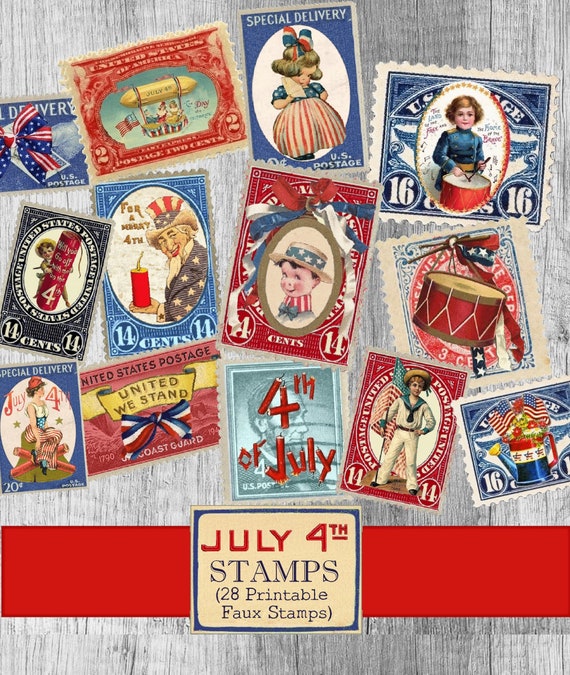 Printable Stamps July 4th Ephemera, Junk journal Supplies, Vintage , Patriotic stamp Memorial Day Ephemera independance day faux stamps