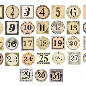 May include: A set of 31 vintage-style numbered tags, each with a unique design and color scheme. The tags are perfect for crafts, scrapbooking, or adding a touch of vintage charm to any project.