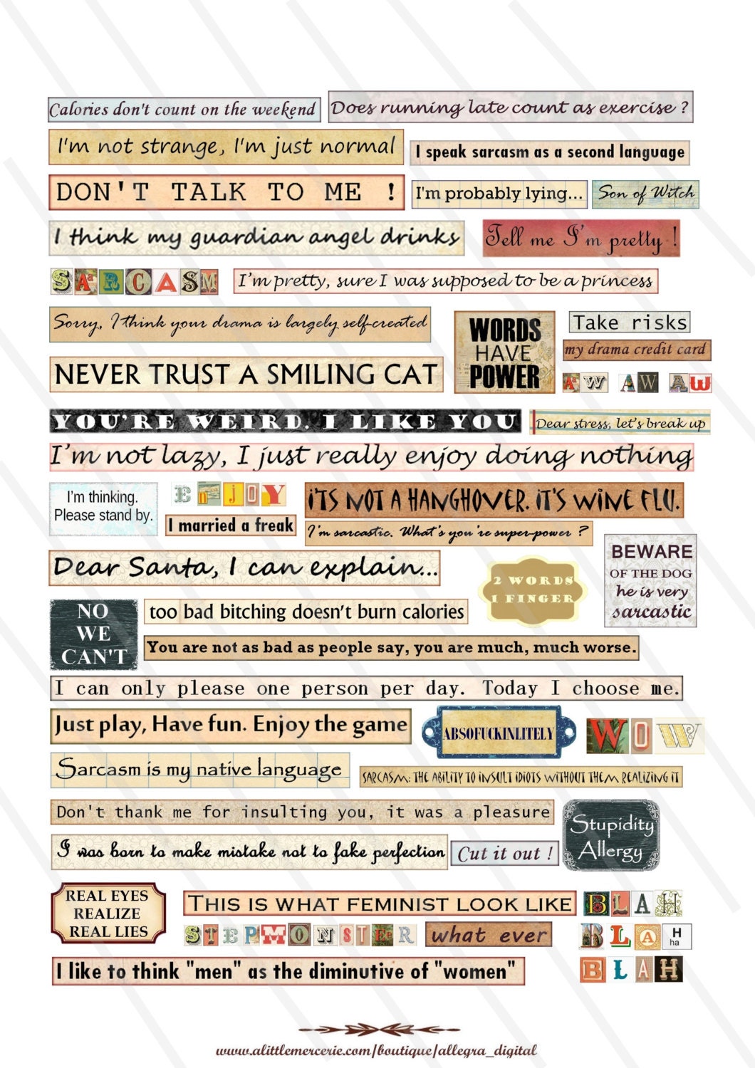 Digital Collage Sheet Phrases, Sarcastic Quotes, Sracastic Sentence ...