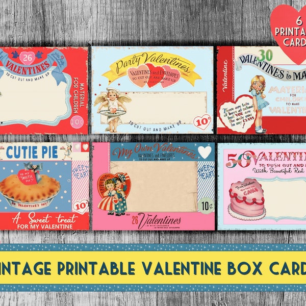 Retro Valentines Day Printable Cards Vintage Printable Valentine Box Tops 6 printable cards ephemera for gift tags, scrapbook, crafts