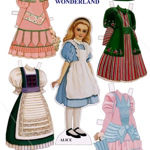 Images digitales à imprimer poupées de papier Alice au Pays des Merveilles, imprimer et couper allegra digital