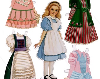 Rare Vintage Alice In Wonderland Paper Doll Digital Wonderland Download. Dress Up Alice Printable Dolls Cut-Out Paper doll