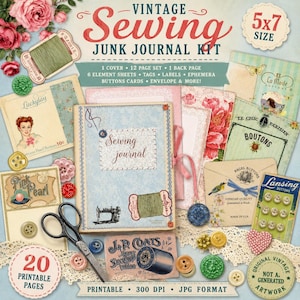 Vintage Sewing Junk Journal Kit Printable - 20 JPG Pages - Sewing Ephemera, Tags, Labels, Envelopes, Button Cards - 5x7 Journal