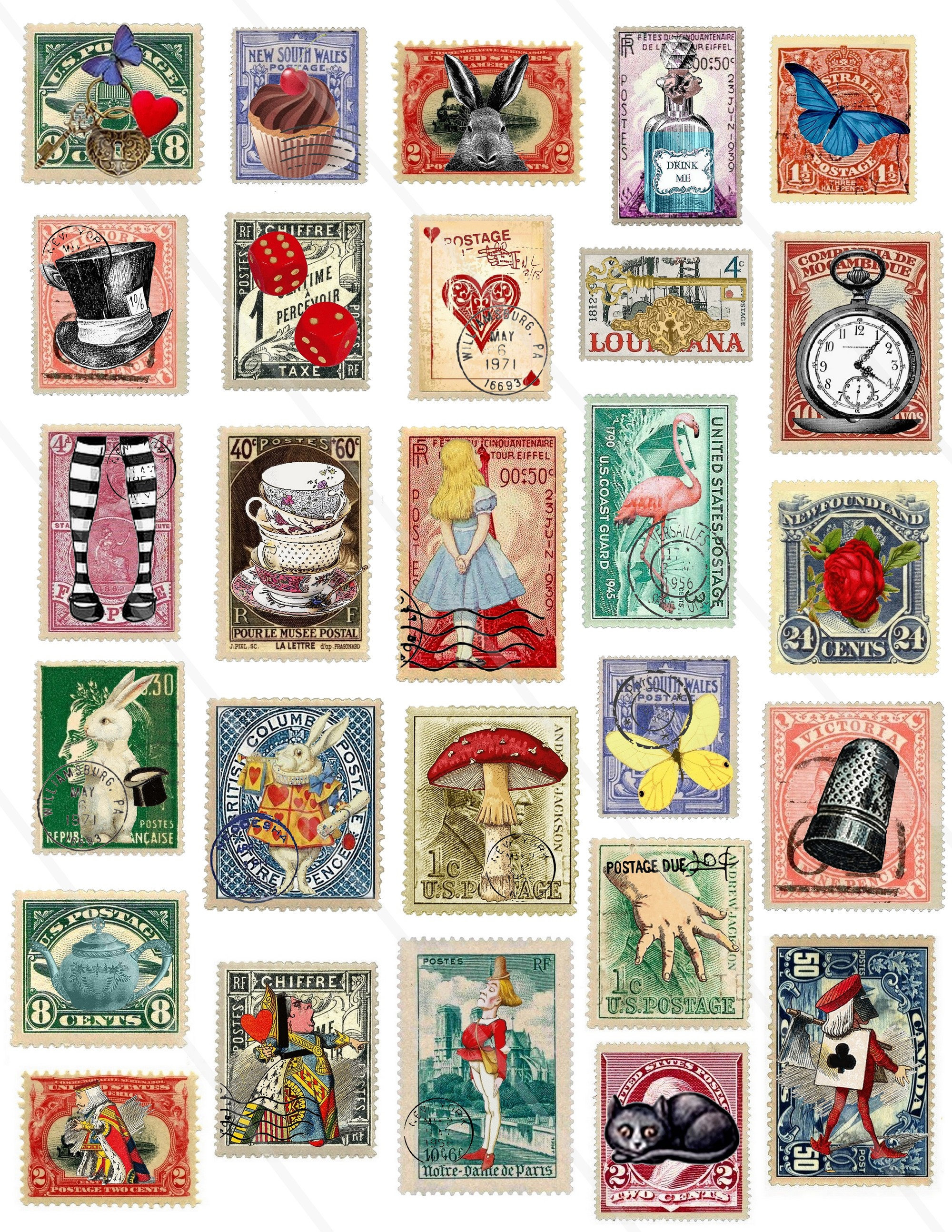 Printable Stamps Alice in Wonderland Ephemera Junk journal Etsy
