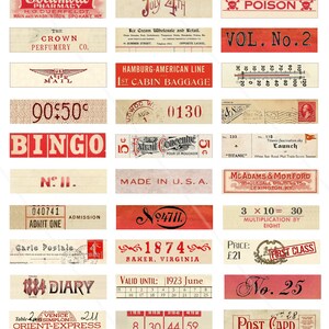May include: A collection of vintage labels and tags with red and black text on a cream background. The labels feature various phrases such as "July 4th", "Poison", "Bingo", "Made in U.S.A.", "1884 Diary", and "Post Card".