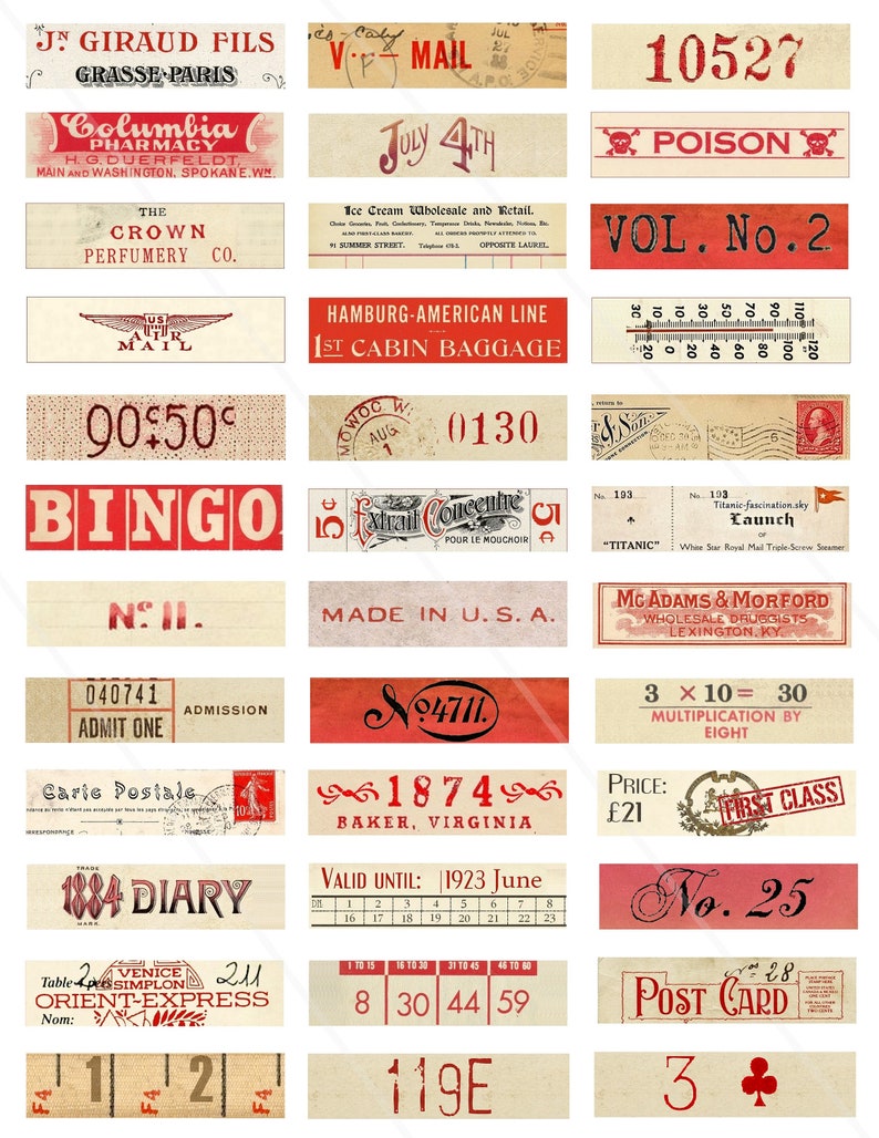 May include: A collection of vintage labels and tags with red and black text on a cream background. The labels feature various phrases such as "July 4th", "Poison", "Bingo", "Made in U.S.A.", "1884 Diary", and "Post Card".