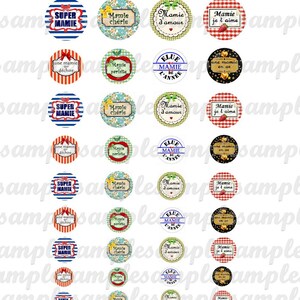 May include: A set of 24 round, colorful, printed labels with various designs and text. The labels feature a variety of themes, including "Super Mamie", "Mamie d'amour", "Mamie ch&eacute;rie", and "Une Mamie en or".