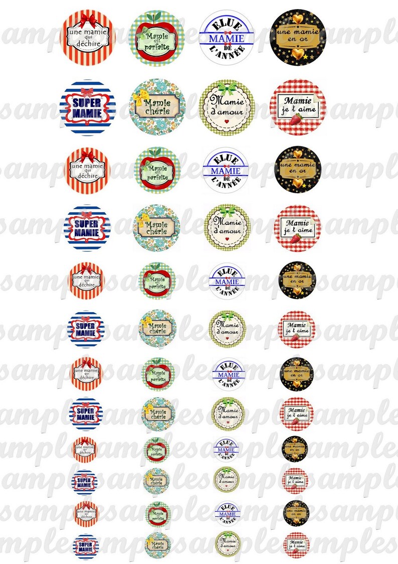 May include: A set of 24 round, colorful, printed labels with various designs and text. The labels feature a variety of themes, including "Super Mamie", "Mamie d'amour", "Mamie ch&eacute;rie", and "Une Mamie en or".