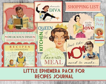 Recetas retro efímeras: imprimibles de diario de cocina vintage con citas divertidas