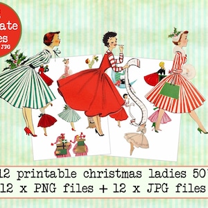 Vintage Christmas Ladies 50's Fifties Clipart Clip Art Digital Collage Sheet Christmas Scrapbooking for Card Making Decoupage Paper PNG