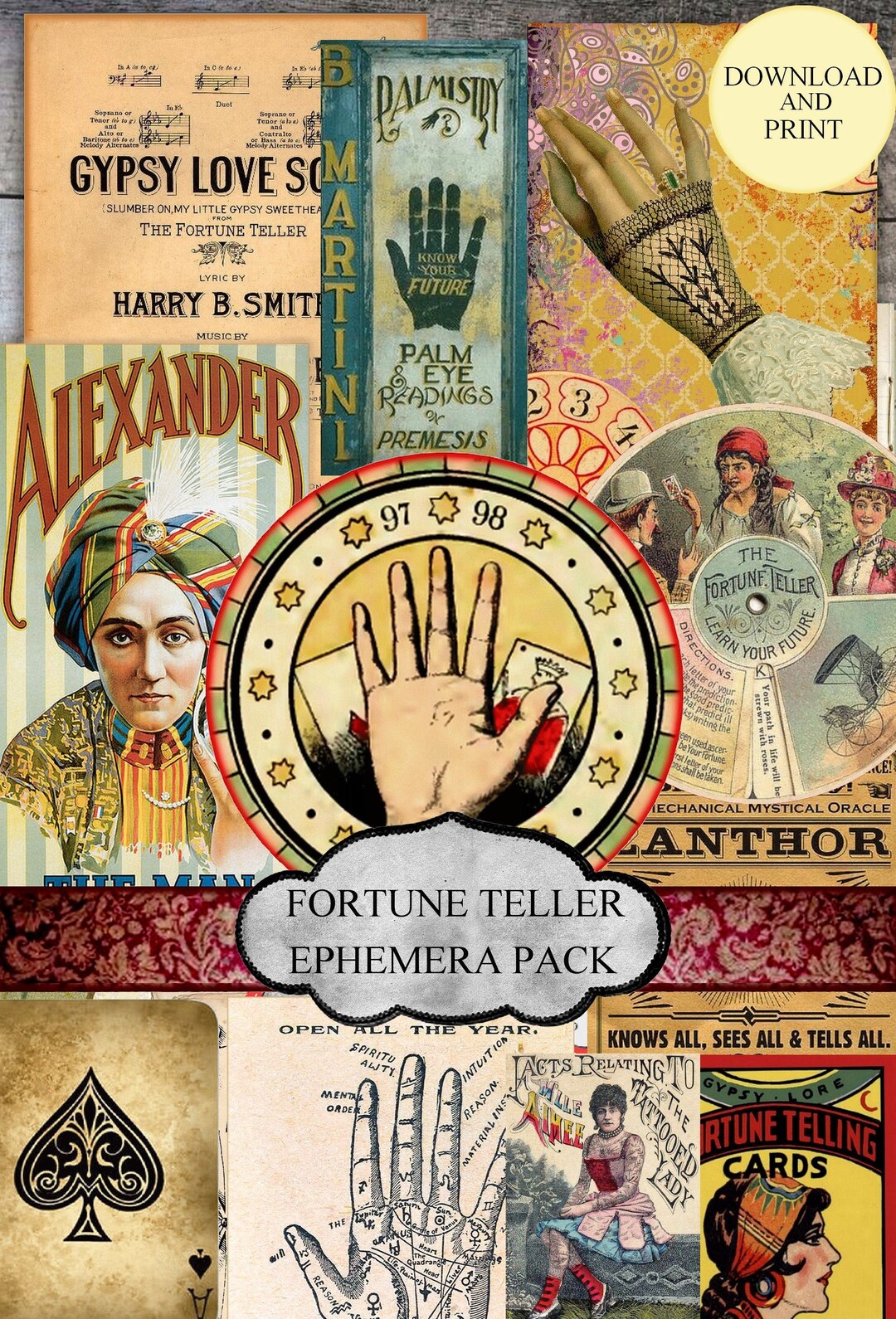 Fortune Teller Ephemera Kit – Vintage Gypsy and Carnival Themed ...