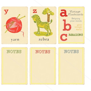 K&ouml;nnte beinhalten: Vintage Alphabet-Karteikarten mit Illustrationen von einem Wollkn&auml;uel, einem Zebra und den Buchstaben A, B und C. Der Text auf den Karten lautet "Vintage Karteikarten", "Hilft Ihrem Verstand, durch fr&uuml;hes Lesen zu wachsen", "Garn", "Zebra" und "NOTIZEN".