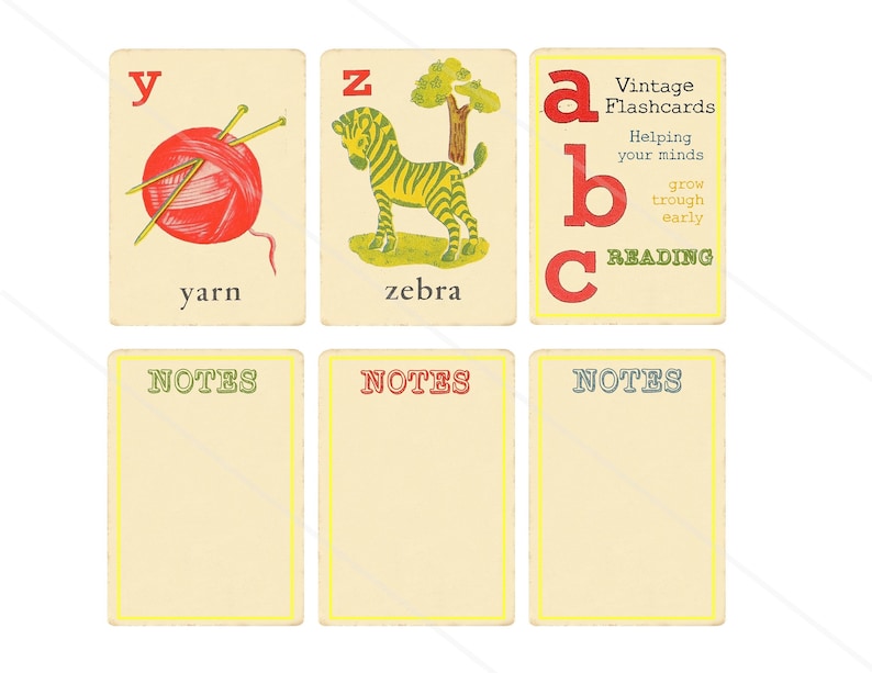 K&ouml;nnte beinhalten: Vintage Alphabet-Karteikarten mit Illustrationen von einem Wollkn&auml;uel, einem Zebra und den Buchstaben A, B und C. Der Text auf den Karten lautet "Vintage Karteikarten", "Hilft Ihrem Verstand, durch fr&uuml;hes Lesen zu wachsen", "Garn", "Zebra" und "NOTIZEN".