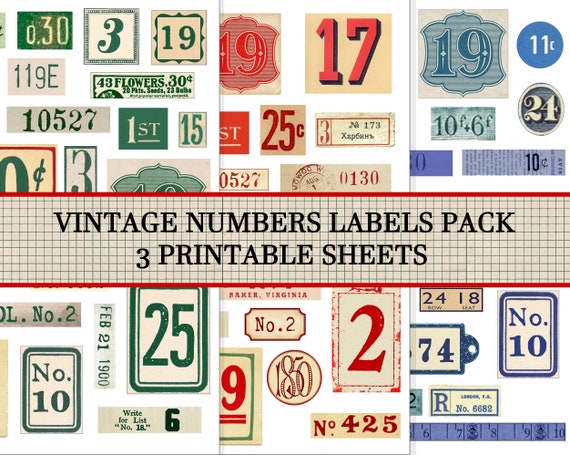 Vintage Number Labels, Junk Journal, Tags, Random Numbers