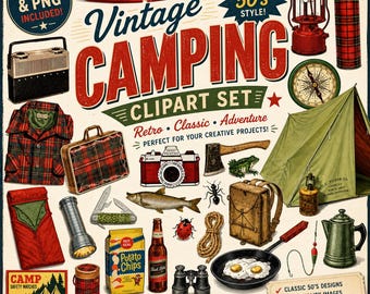Vintage kampeerclipart om af te drukken, kampeermemorabilia uit de jaren 50, JPG- en PNG-bestanden, buitenavontuur, junk journal