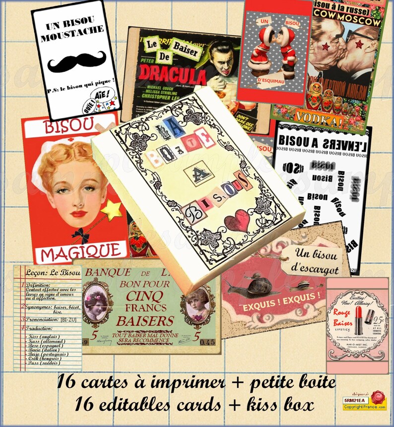 Petites boites et cartes FETE DES MERES, carte bisous, boite et carte à imprimer, Cadeau fête des mères, collage digital, rétro, vintage image 1