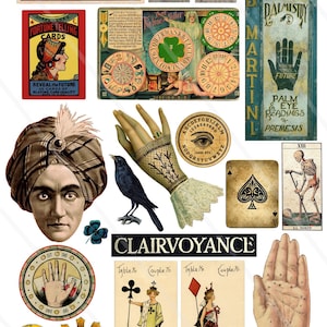 Clipart de adivina vintage - Efímera de carnaval gitano - Hoja de collage digital para hacer álbumes de recortes y tarjetas