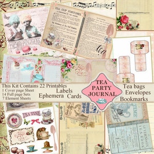 Junk Journal Kit Tea Time, Tea Party, Vintage, Shabby Chic, Pink, Handmade, Printable Journal and ephemera, Digital Download