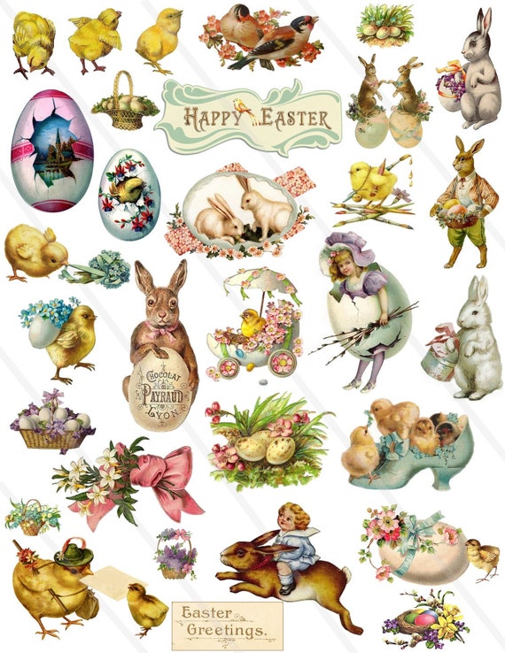 Easter Clip Art Vintage Clipart Bunny Easter Eggs Chick Easter | Etsy