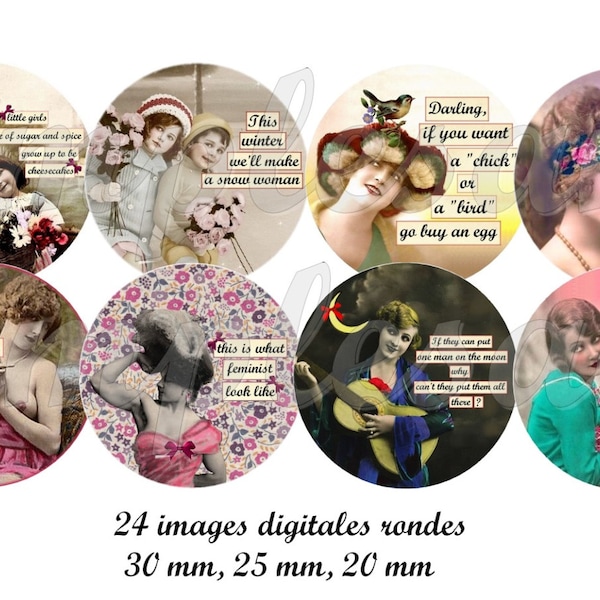 images digitales rétro féministe, image pour bijoux, image à imprimer, cabochon, médaillon, vintage, carte postale, mot.