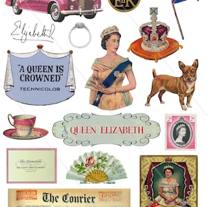 Vintage Queen Elizabeth II afdrukbare clipart en ephemera, scrapbooking, kaarten maken, digitale ephemera PNG, Britse Queen Cliparts