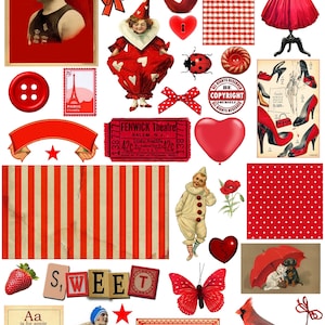 May include: A collection of red vintage images. Includes a poster with the text "Champion of the World", a red dress, shoes, a heart-shaped lock, a butterfly, a ladybug, and the word "SWEET" in letter tiles. Also, a vintage ticket.
