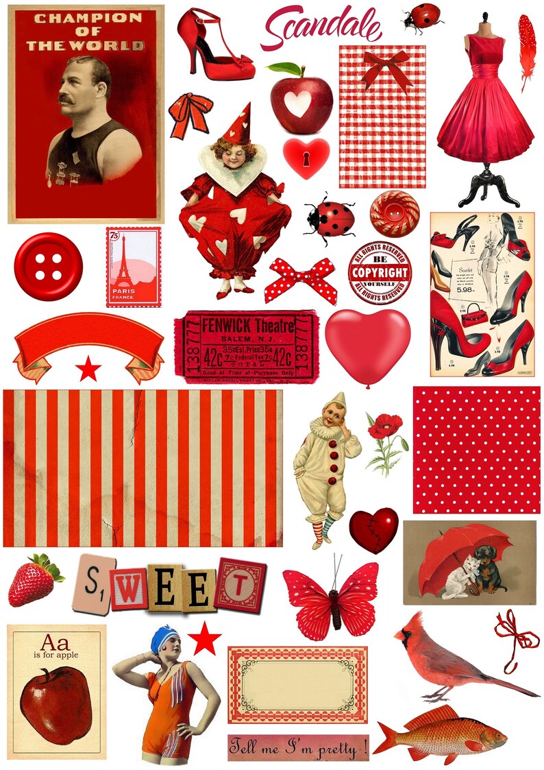 May include: A collection of red vintage images. Includes a poster with the text "Champion of the World", a red dress, shoes, a heart-shaped lock, a butterfly, a ladybug, and the word "SWEET" in letter tiles. Also, a vintage ticket.