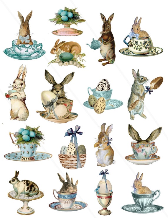 Rabbit Tea Party Clip Art Vintage Easter Clipart Vintage Bunny Ephemera  Easter Journal Paper Printable Easter Holiday Digital Collage Sheet 