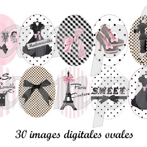 images digitales ovales "Couture", rimages digitales cabochon, cabochon ovale Paris, Tour Eiffel, rose, 30 x 40 mm 18 x 25 mm 13 x 18 mm