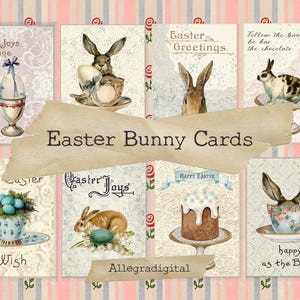 Peut inclure: Ensemble de cartes de Pâques vintage avec des lapins, des œufs et des motifs floraux. Les cartes présentent des phrases comme « Joyeuses Pâques » et « Happy Easter ». Le fond est rayé avec des roses, créant une ambiance nostalgique.