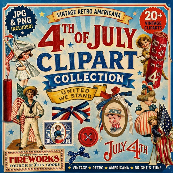 Vintage 4th of July Clipart - Patriotic Americana Images, Uncle Sam, Eagle, Fireworks, Drums & Flags  Printable  for Junk Journals