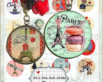 Retro Paris Eiffel Tower 1 inch images for Necklace Cabochons- Digital Collage Sheet Printable images vintage Paris - Instant Download