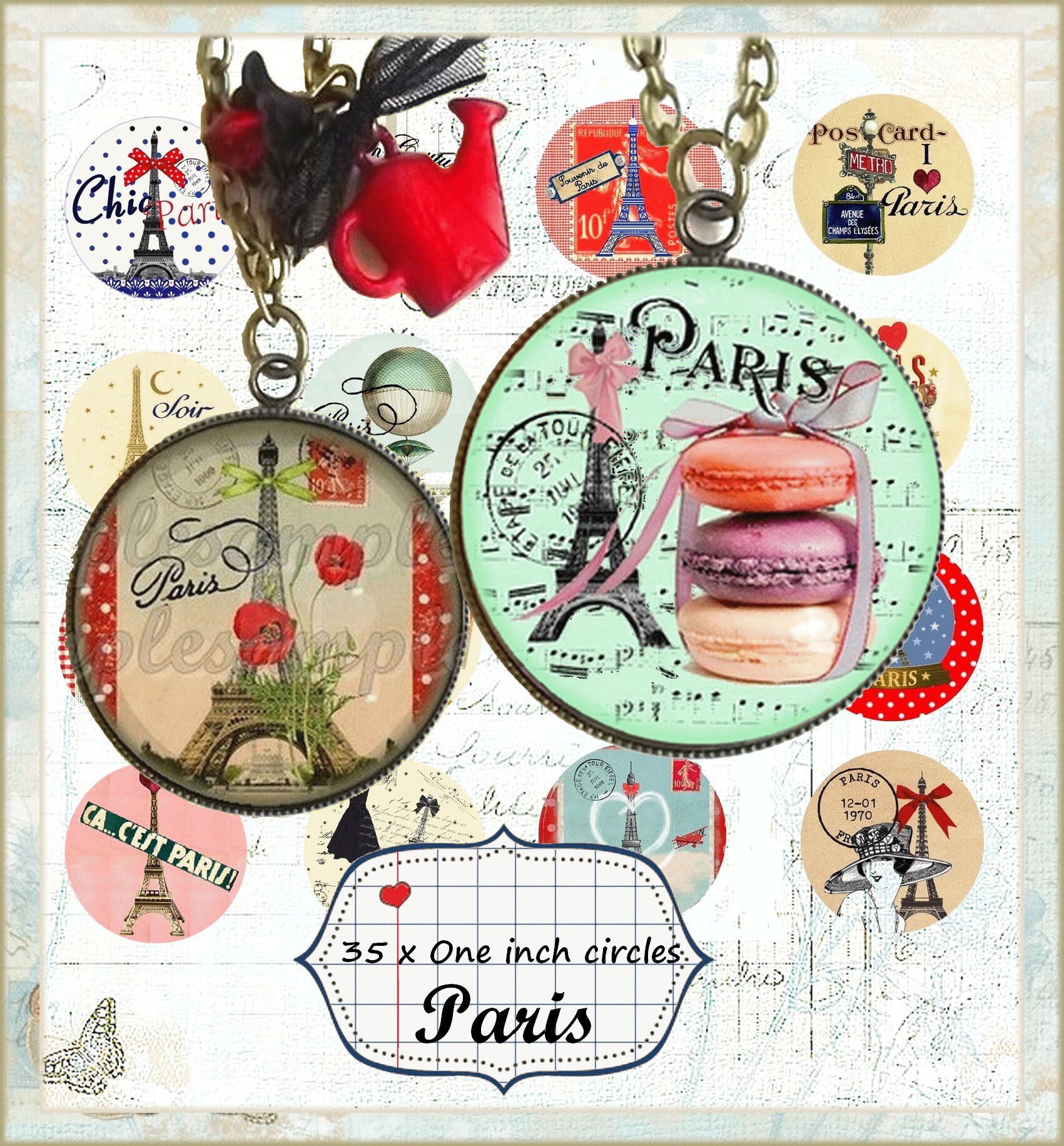 Retro Paris Eiffel Tower 1 Inch Images for Necklace Cabochons- Digital ...