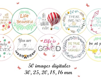 Digital collage sheet circles Motivation boho Quotes digital rounds embelishments, magnets, cards, bottle caps Florals scandinavian circles.